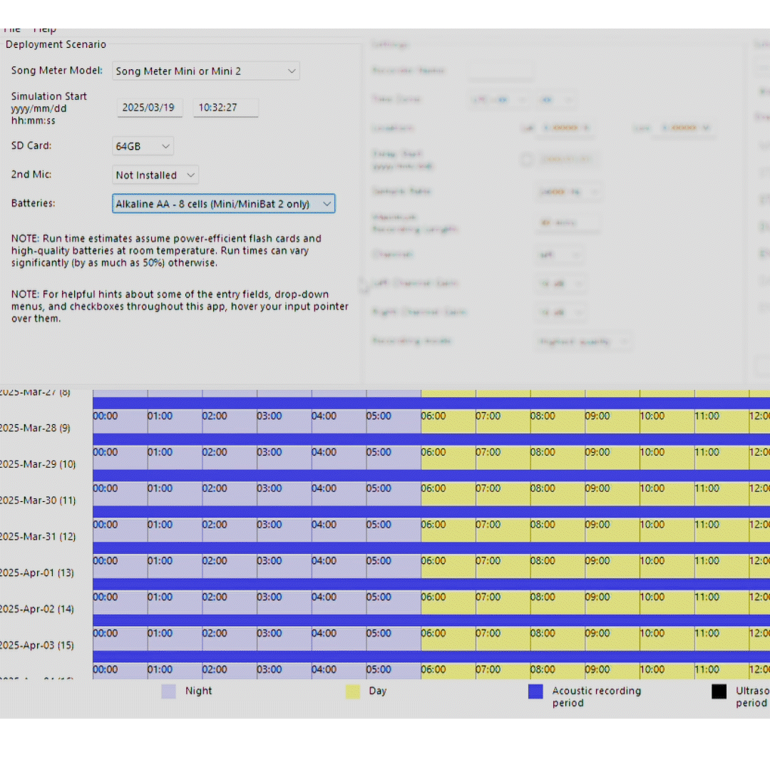 Song Meter Configurator App Battery Life-Estimator (Shown on Desktop)