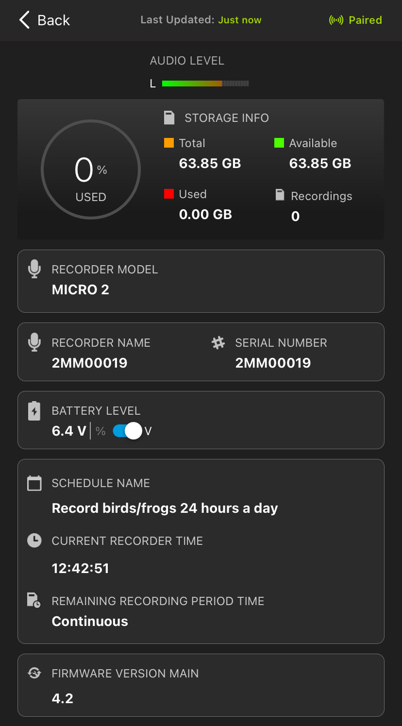 Screenshot of the Status screen. UI elements are described in the text below.