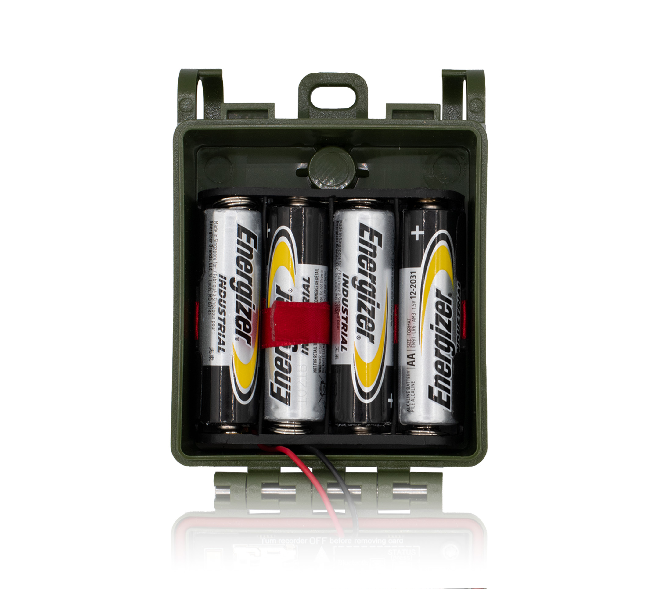 AA batteries should alternate in orientation. The battery compartment occupies the upper half of the enclosure when it is fully open. In this orientation, the left-most battery is pointed positive-end-down.