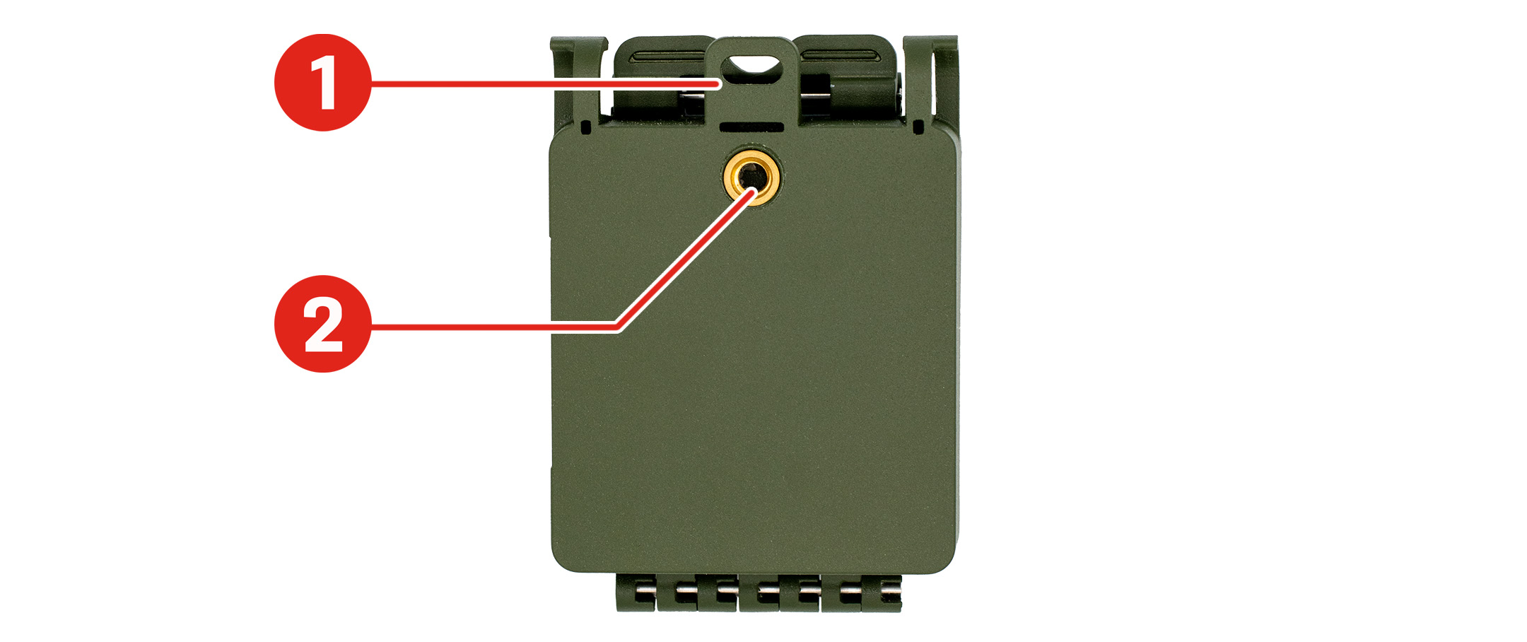 Song Meter Micro 2 shown from the back with the lid closed. The Mounting Tab is at the center of the upper edge of the recorder. A recessed Tripod Mount is located just below the Mounting Tab.