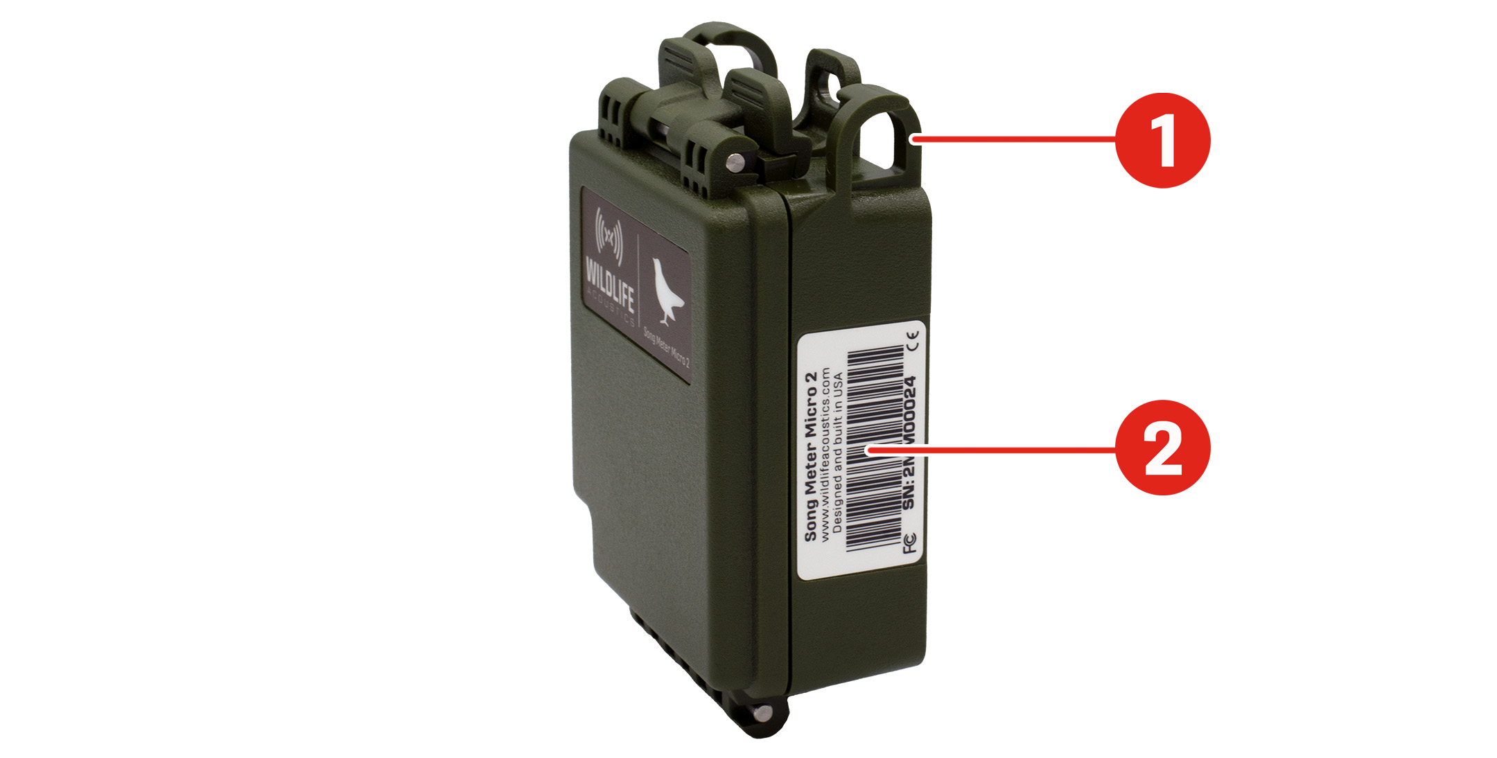Song Meter Micro 2 shown from the front-right with the lid closed. Locations of features are highlighted. One of two Mounting Loops is located at the top-right corner of the enclosure. A barcode label is located on the right edge of the enclosure.
