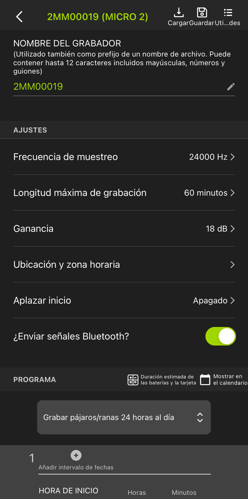 Captura de la pantalla del editor de configuración de un grabador emparejado.