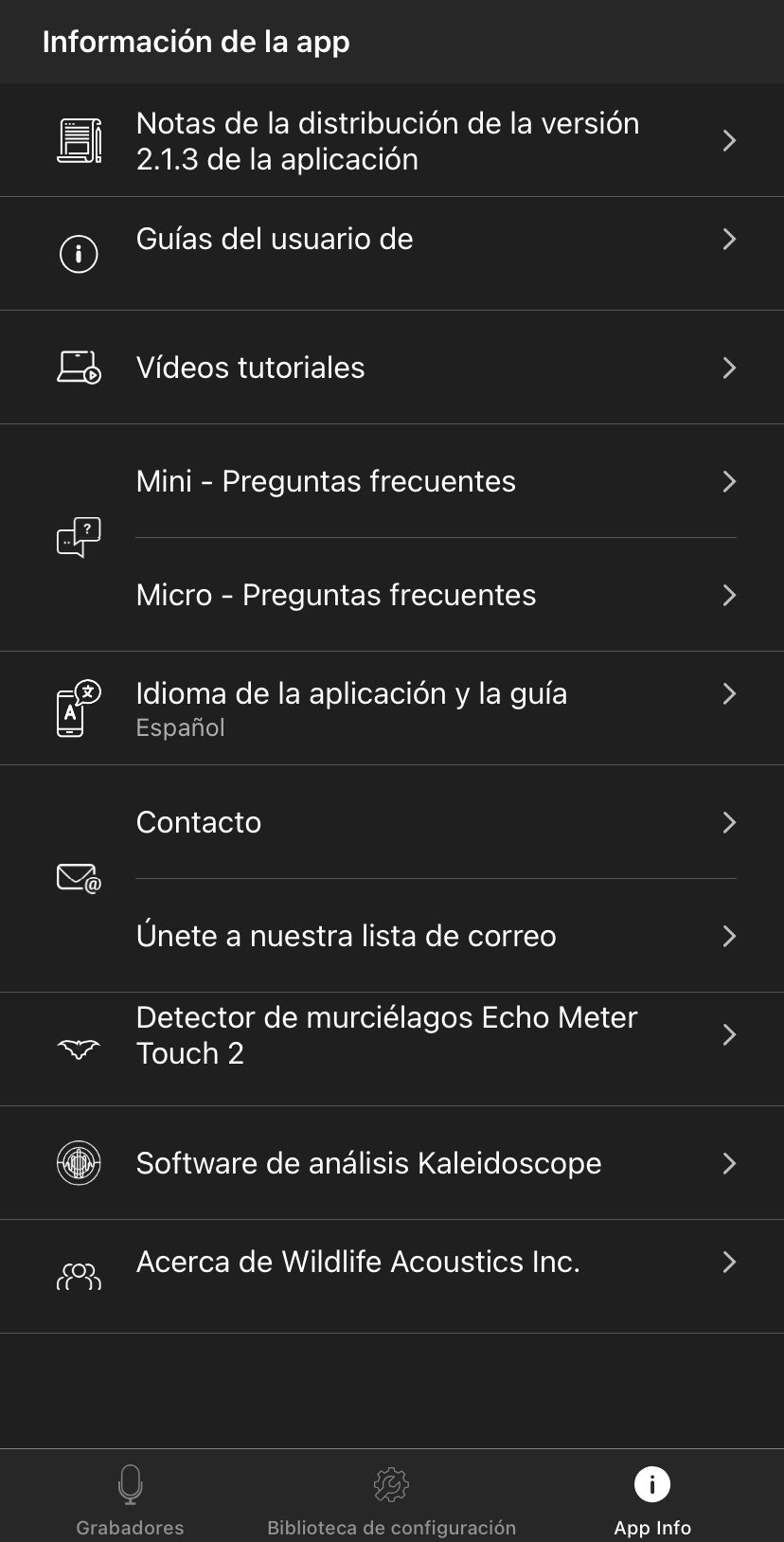 Captura de la pantalla de información de la aplicación. Consulte el texto siguiente para obtener una descripción completa.