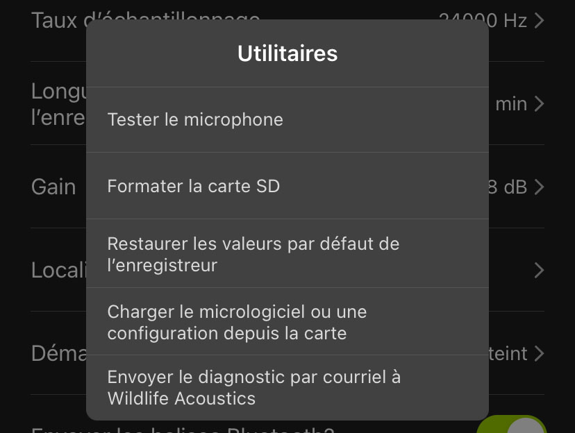 Capture d’écran du menu Utilitaires, décrit dans le texte suivant.
