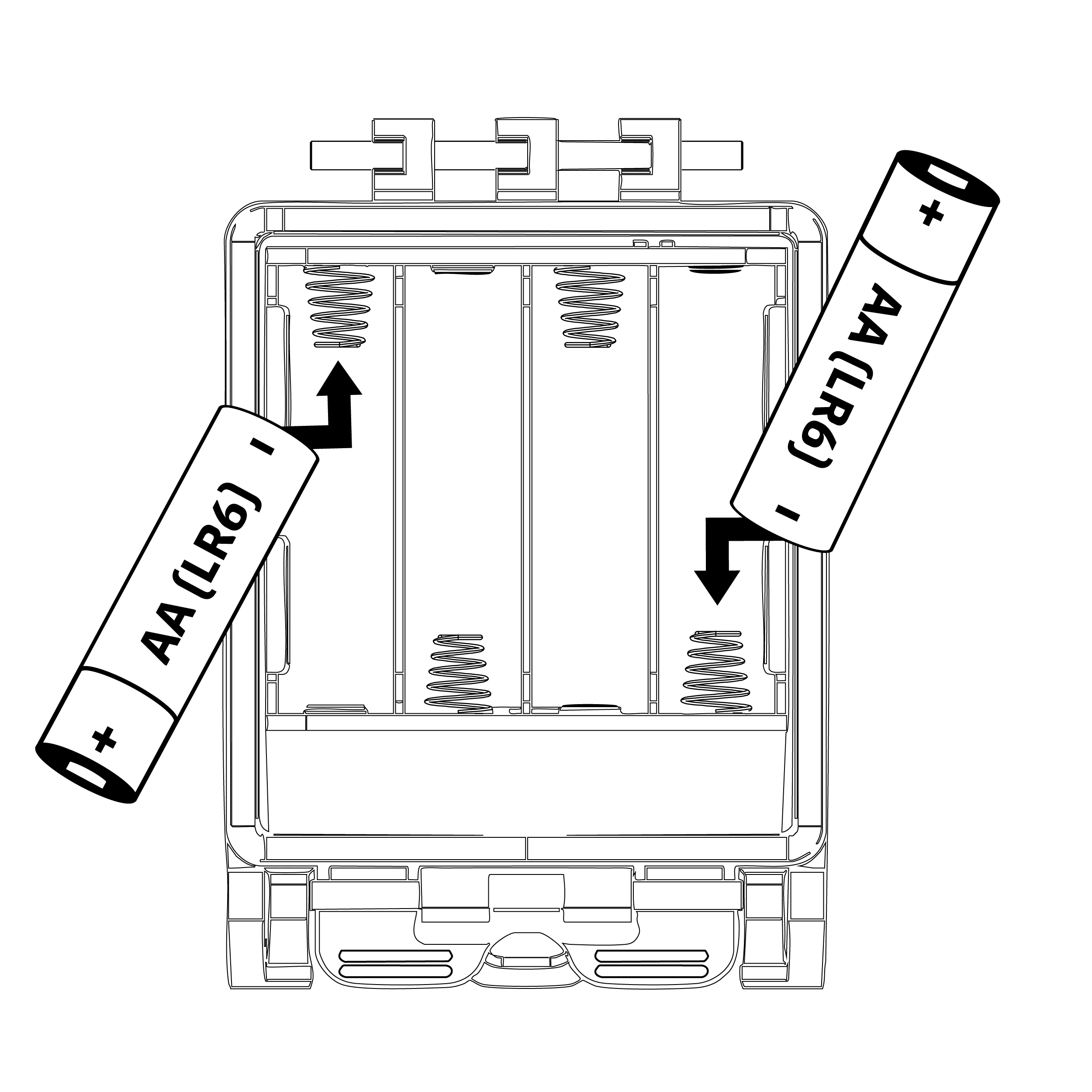 Le contact plat et négatif de chaque pile AA doit être placé contre le ressort dans chaque emplacement de pile. L'orientation des piles AA doit être alternée.