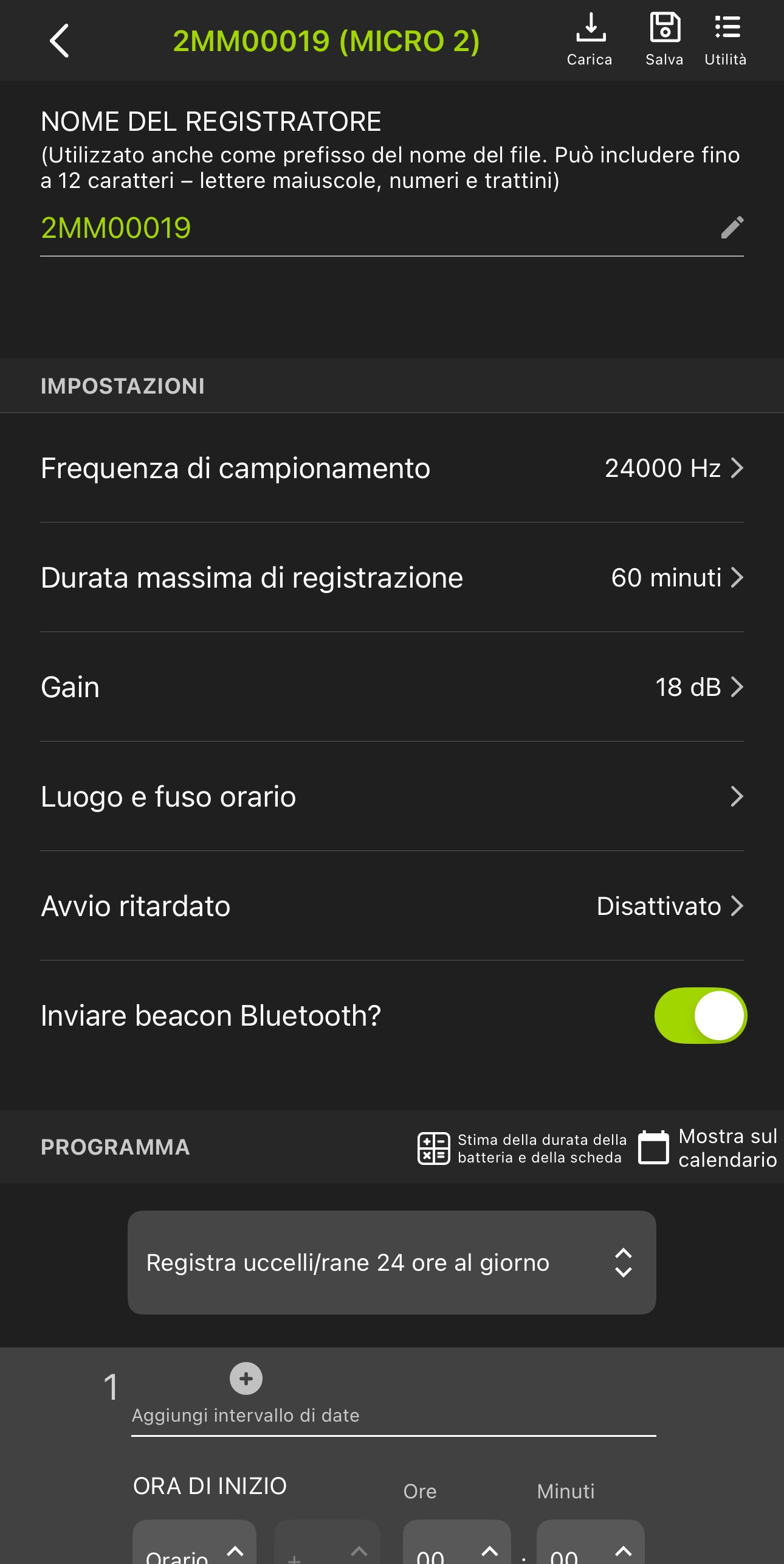 Screenshot della schermata dell'Editor di configurazione per un registratore associato.