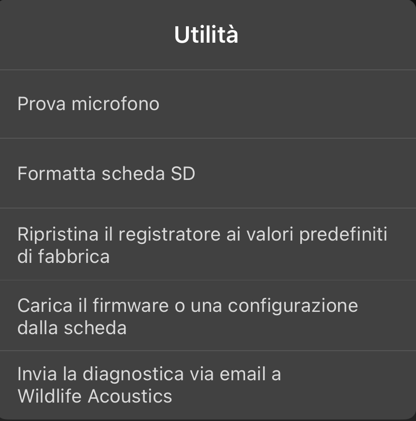 Screenshot del menu Utilità, descritto nel testo seguente.