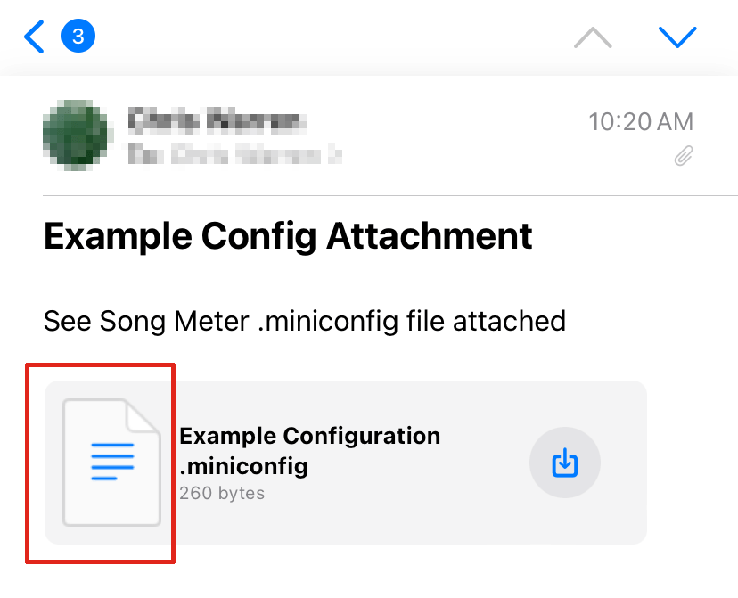 In the iOS Mail app, a file attachment "Example Configuration.miniconfig" is shown below the body of an email message.
