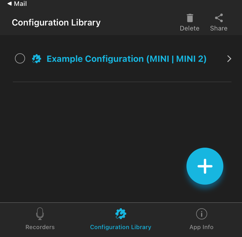 Screenshot of the Configuration Library, with "Example Configuration (MINI | MINI 2)" shown in the list.