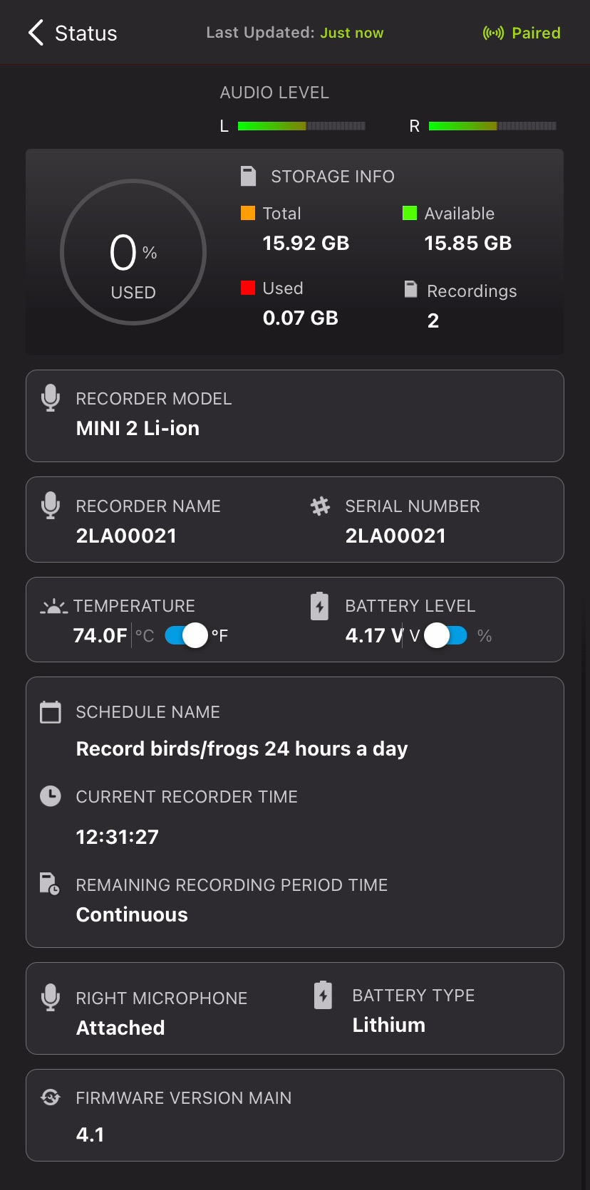Screenshot of the Status screen. UI elements are described in the text below.