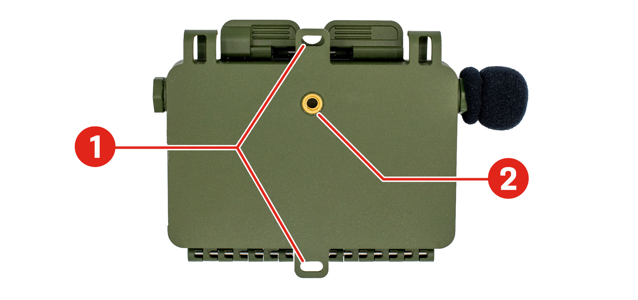 Song Meter Mini 2 shown from the back with the lid closed. Mounting Tabs are located at the centers of the upper and lower edges of the recorder. A Tripod Mount socket is located on the back of the enclosure, just above center.