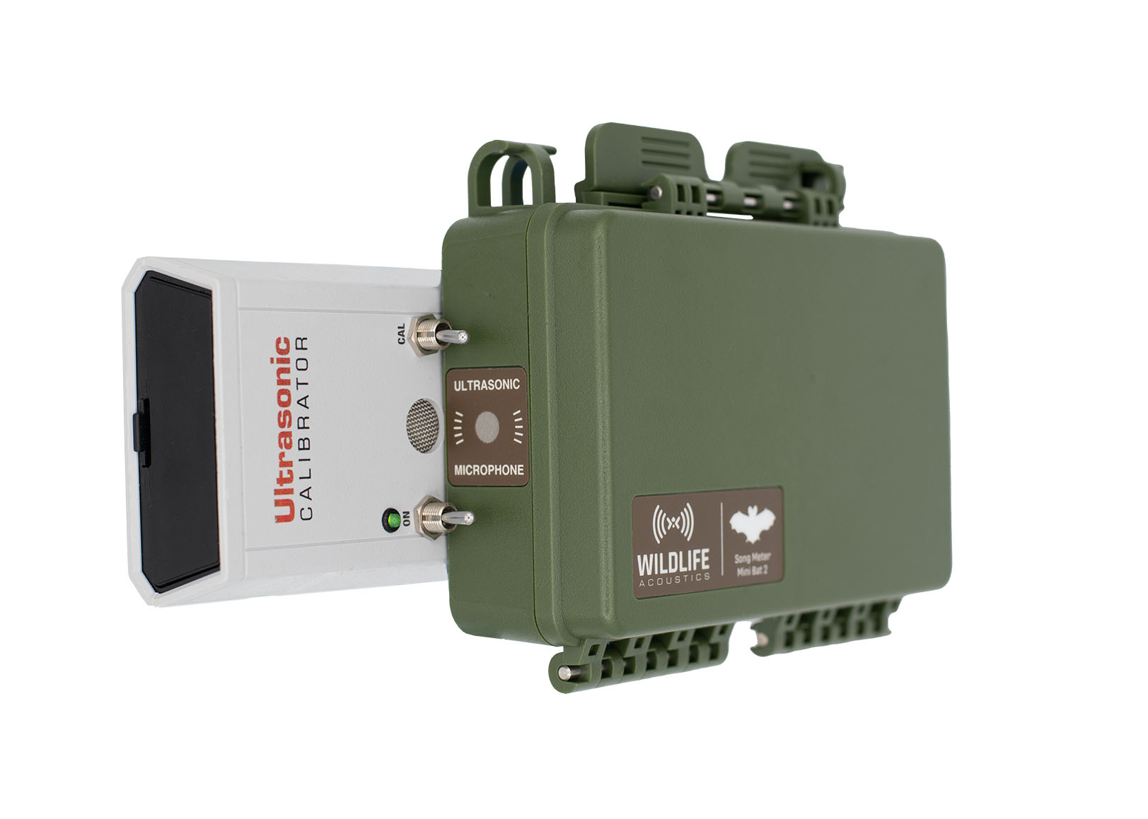 When the Calibrator's power switch is on the left and Cal/Chirp switch is on the right, the power LED protrudes just above the power switch. The recorder should be positioned below the switches, not blocking the power LED.