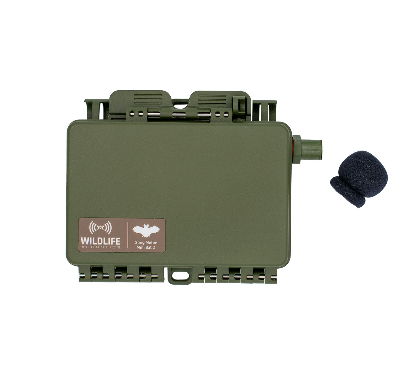 A Song Meter Mini Bat 2 with an acoustic microphone installed. The foam windscreen has been removed, exposing a plastic cylinder that houses the microphone.