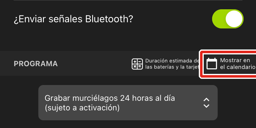 El icono "Show on calendar" (Mostrar en el calendario) aparece debajo del ajuste Delay start (Inicio diferido), junto a "Estimate Battery and card life" (Estimar la duración de la batería y la tarjeta).
