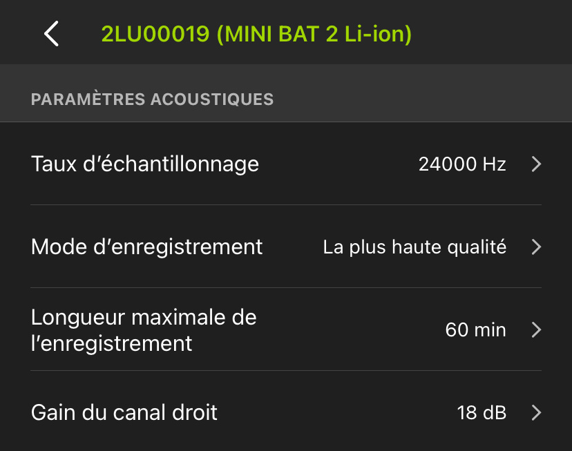 Capture d’écran de l’écran Paramètres acoustiques. Les options disponibles sont décrites dans le texte suivant.