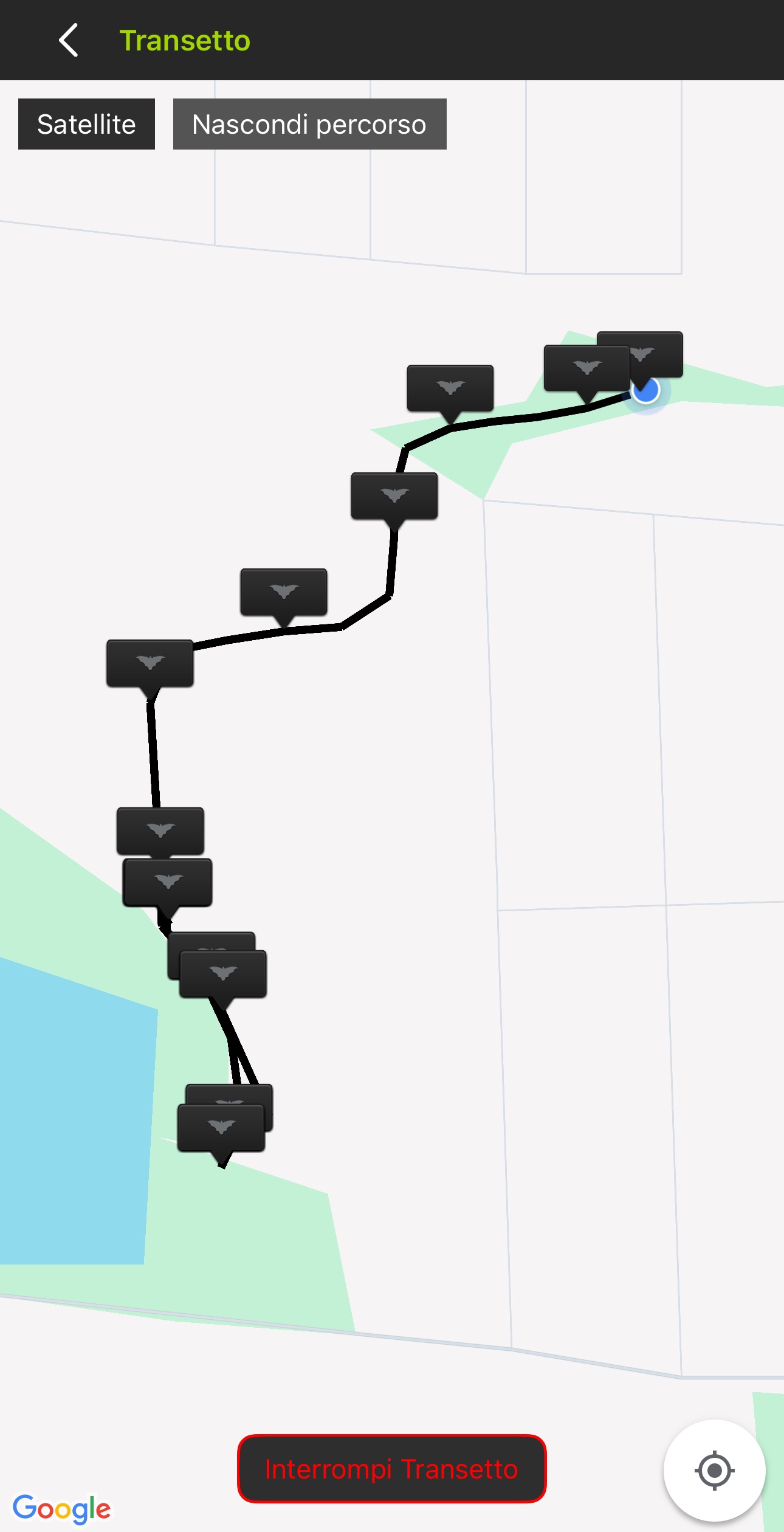 Screenshot dell'interfaccia Transetto Una mappa satellitare mostra un sentiero bianco intorno a un quartiere residenziale e a uno stagno. Le bandierine nere con icona a forma di pipistrello indicano la posizione dei file audio lungo il percorso.
