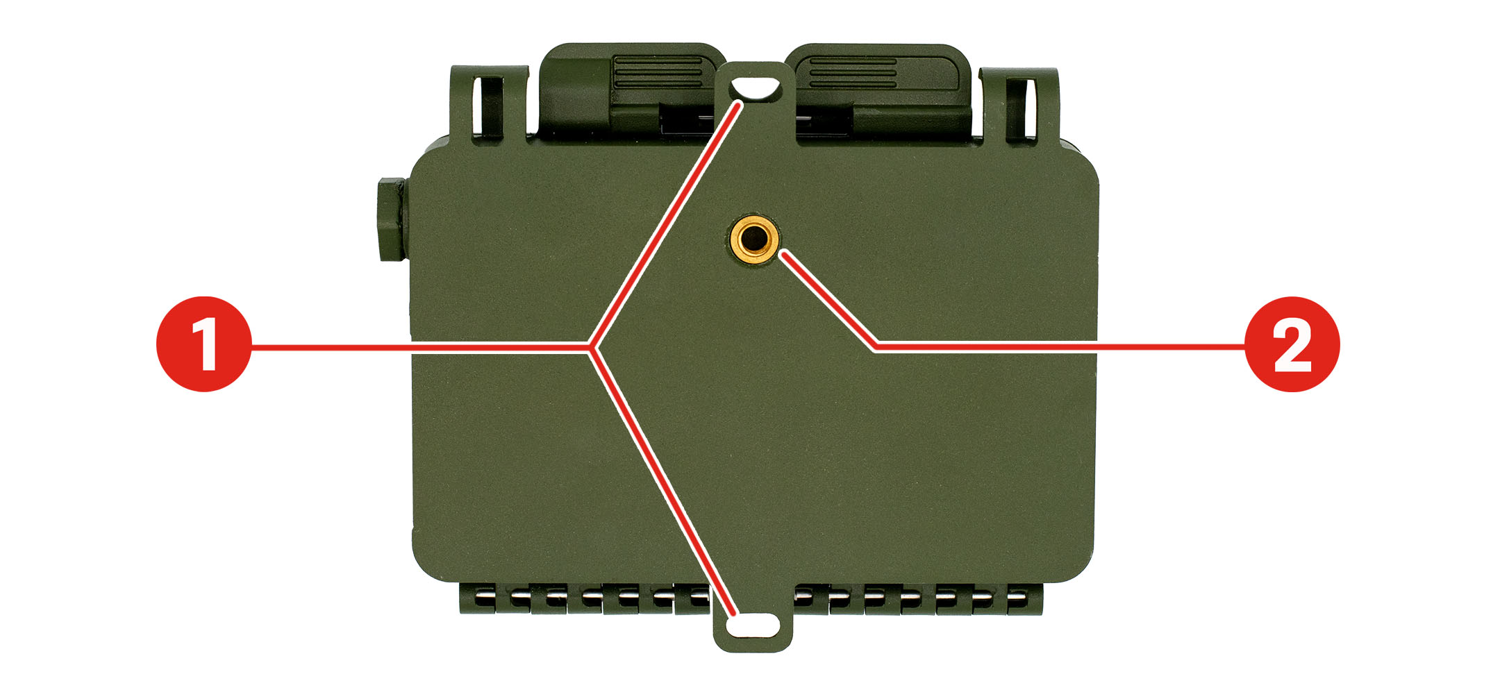 Il Song Meter Mini Bat 2 mostrato dalla parte posteriore con il coperchio chiuso. Le linguette di montaggio si trovano al centro dei bordi superiore e inferiore del registratore. Un supporto per treppiede a incasso si trova sul retro dell'involucro, appena sopra il centro.