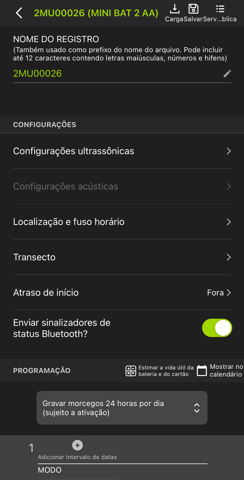 Captura de tela do Editor de Configurações de um gravador emparelhado.