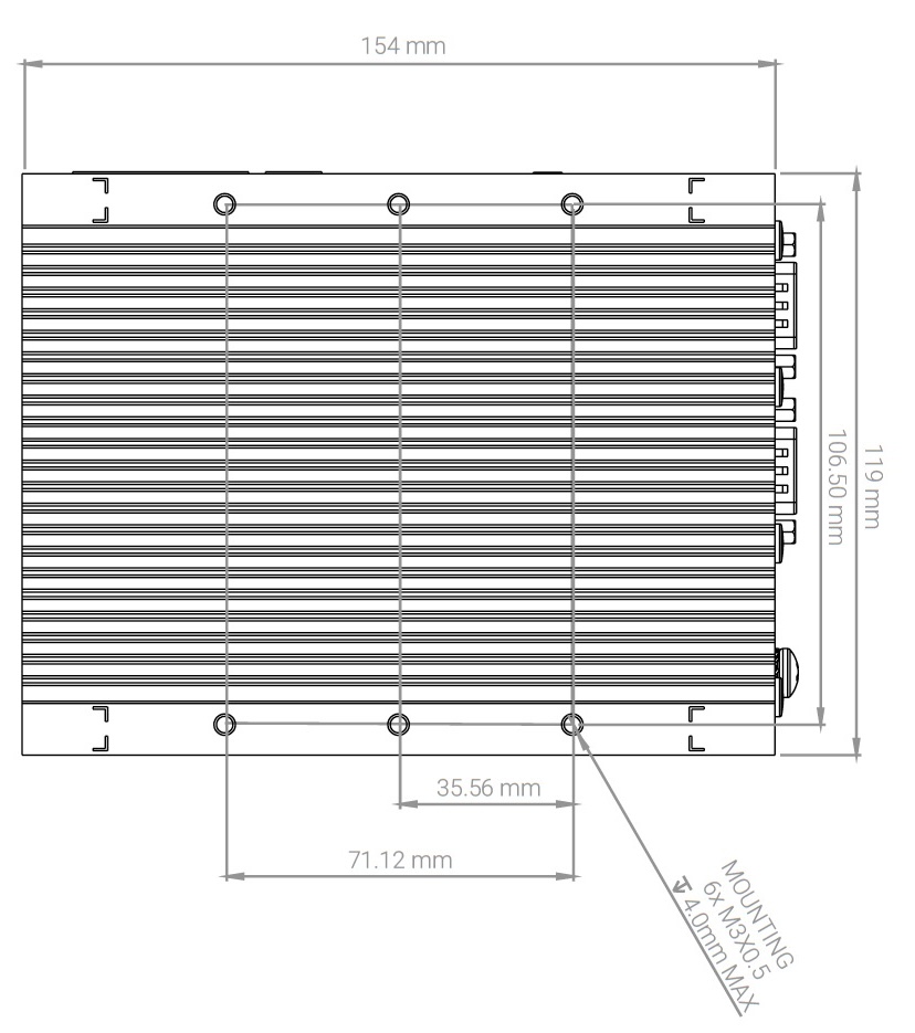 Along each edge of the bottom face are three M3×0.5 mounting holes, spaced 35.56 mm center-to-center. The two rows of mounting holes are spaced 106.50 mm apart, center-to-center. For all other measurements, see General Specifications.